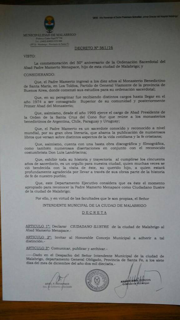 Decreto de Ciudadano Ilustre a Mamerto Menapace