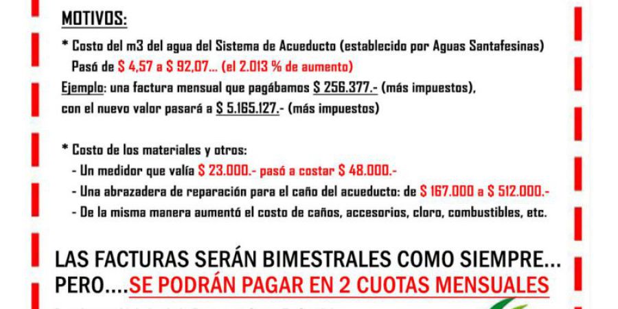 Importante aumento en el servicio de Agua Potable